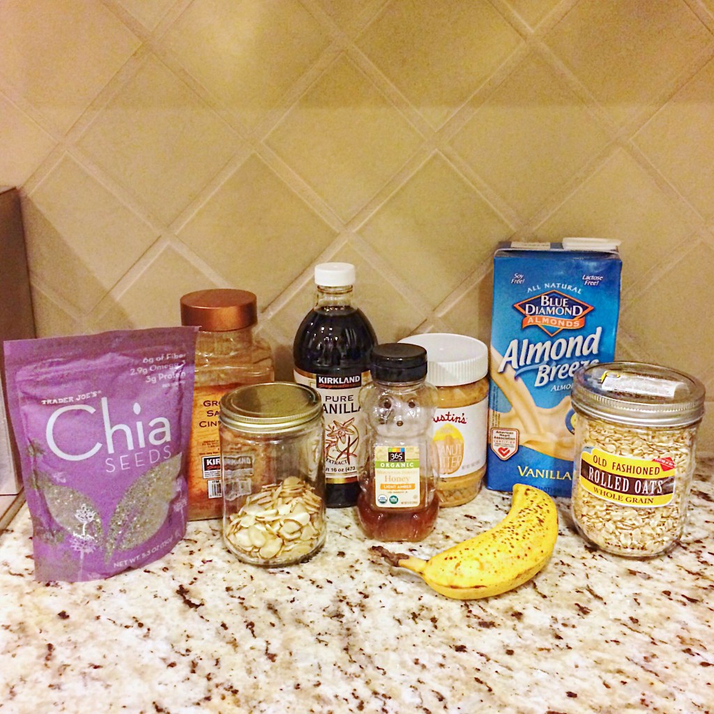 Ingredients: chia seeds, almonds, cinnamon, vanilla, honey, peanut butter, banana, almond milk, and oats